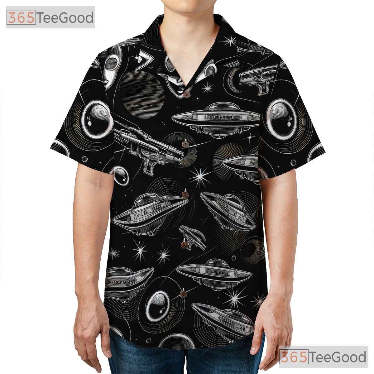 Retro Sci-Fi Alien UFO Spaceship Space Pattern Hawaiian Shirt Unisex Summer Tee