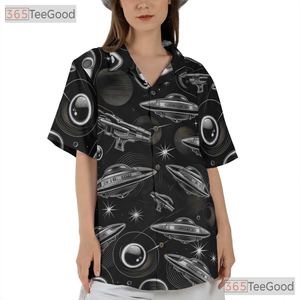 Retro Sci-Fi Alien UFO Spaceship Space Pattern Hawaiian Shirt Unisex Summer Tee