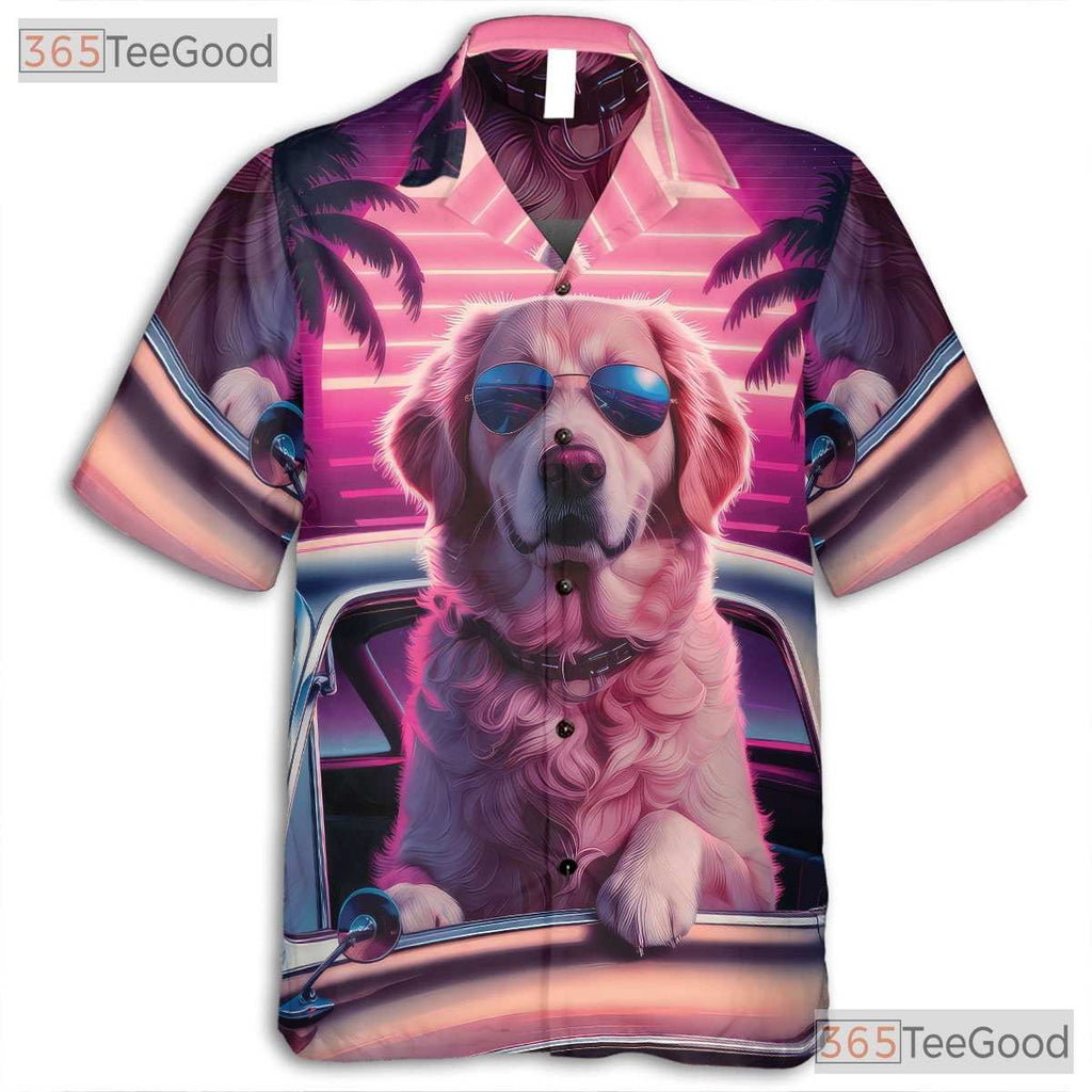 Retro Sunset Palm Tree Golden Retriever Hawaiian Shirt Unisex Beachwear Top