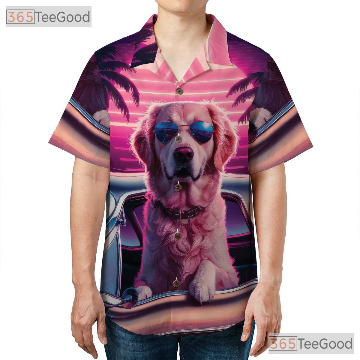 Retro Sunset Palm Tree Golden Retriever Hawaiian Shirt Unisex Beachwear Top