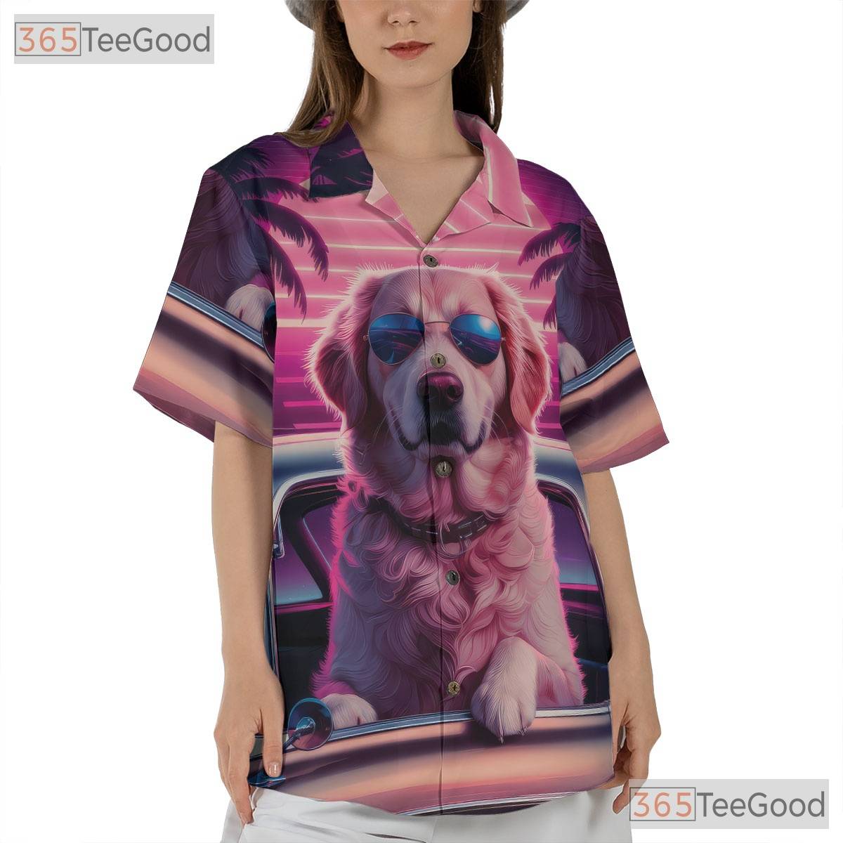 Retro Sunset Palm Tree Golden Retriever Hawaiian Shirt Unisex Beachwear Top