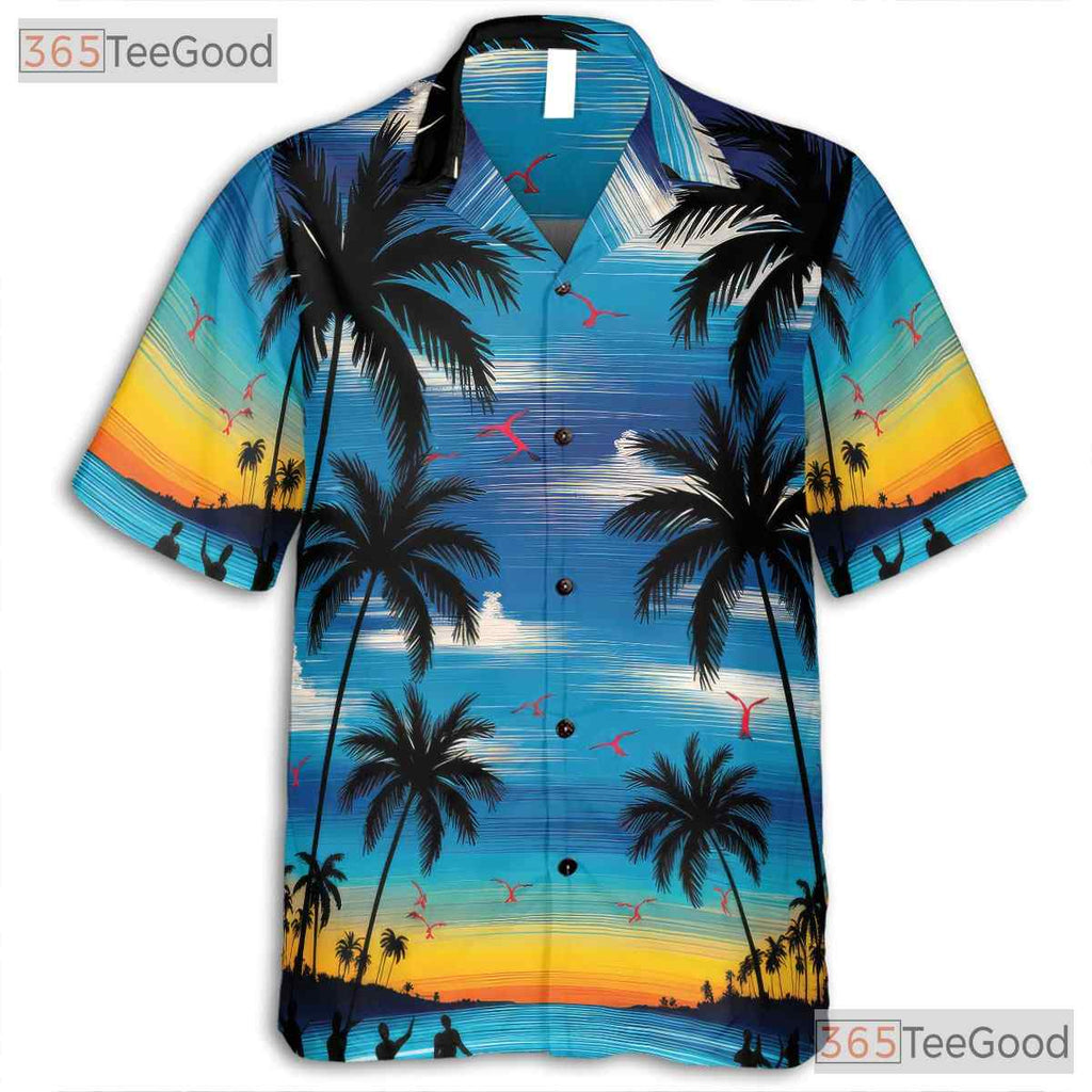 Retro Sunset Palm Tree Hawaiian Tee - Adult Tropical Aloha Beachwear Shirt