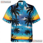 Retro Sunset Palm Tree Hawaiian Tee - Adult Tropical Aloha Beachwear Shirt