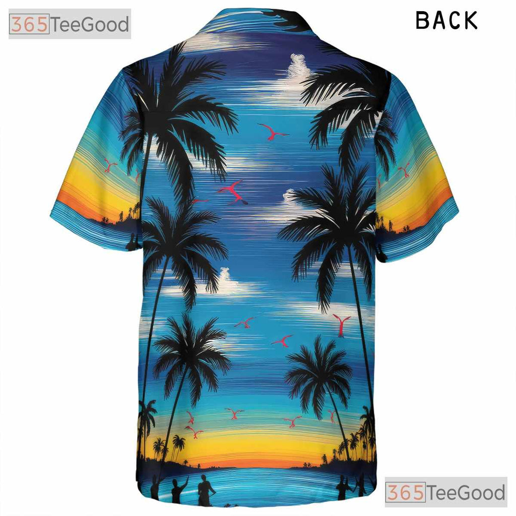 Retro Sunset Palm Tree Hawaiian Tee - Adult Tropical Aloha Beachwear Shirt