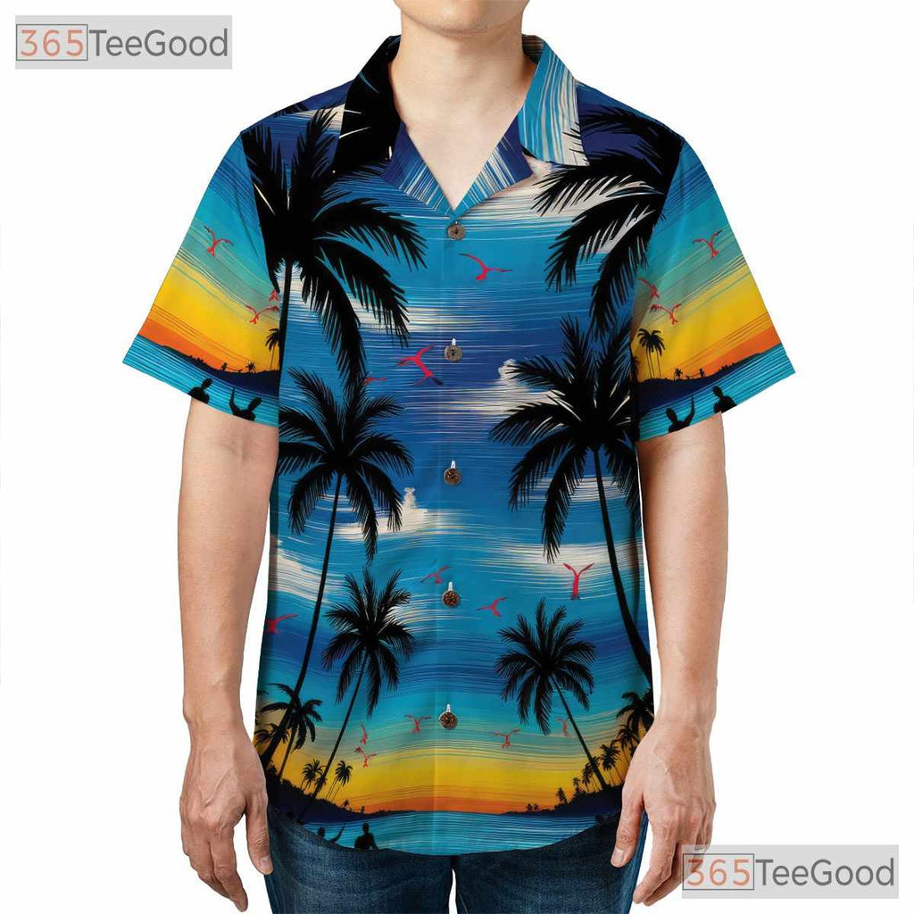 Retro Sunset Palm Tree Hawaiian Tee - Adult Tropical Aloha Beachwear Shirt