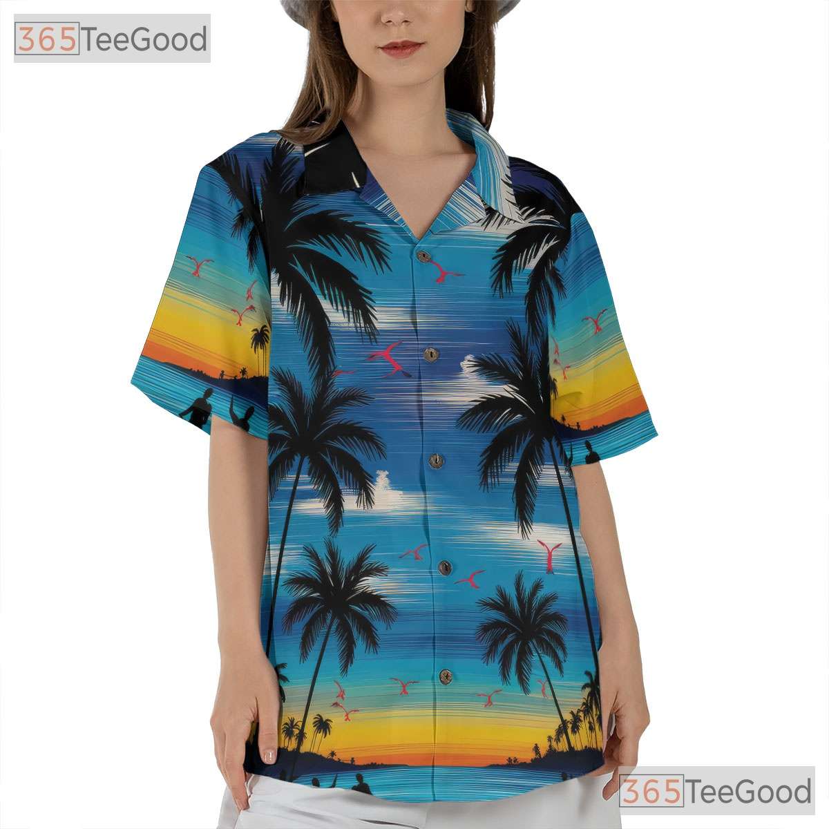 Retro Sunset Palm Tree Hawaiian Tee - Adult Tropical Aloha Beachwear Shirt