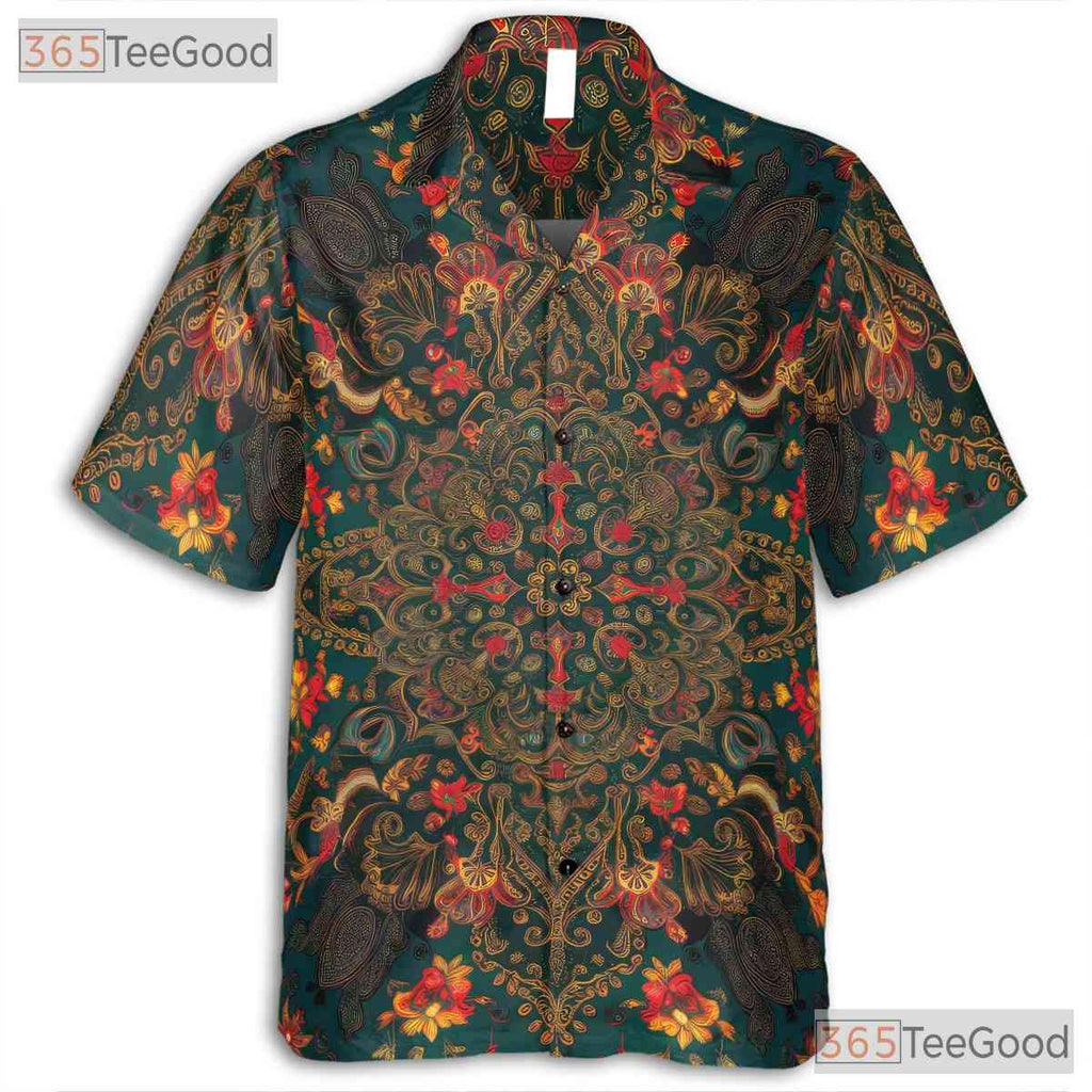 Retro Teal Floral Boho Ornate Print Aloha Hawaiian Shirt Men Women Summer Top