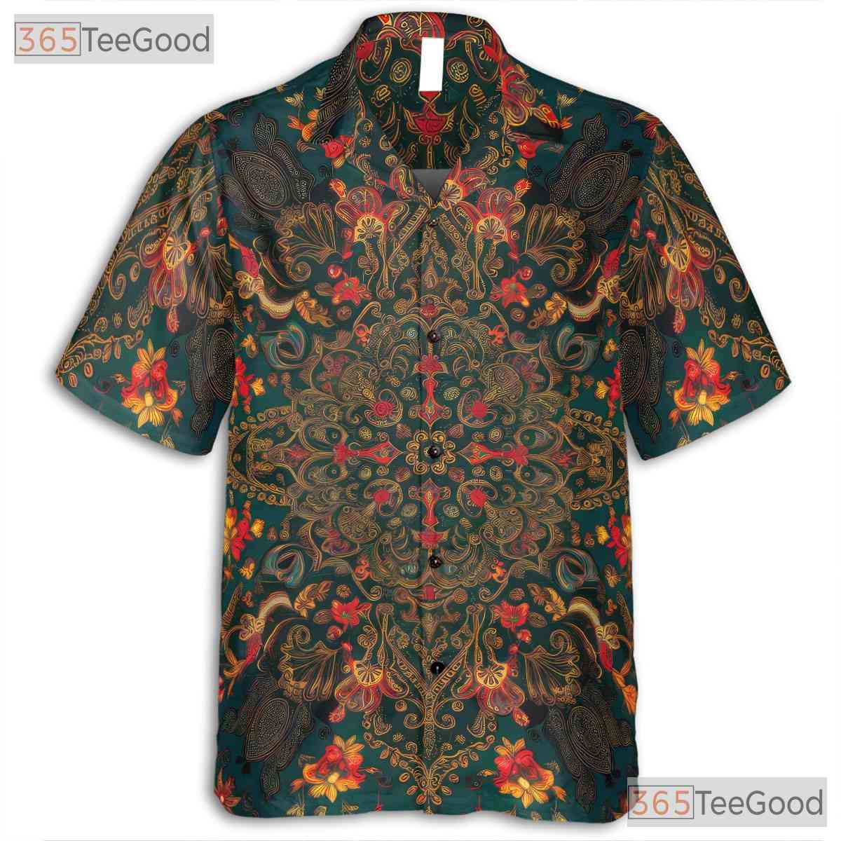 Retro Teal Floral Boho Ornate Print Aloha Hawaiian Shirt Men Women Summer Top