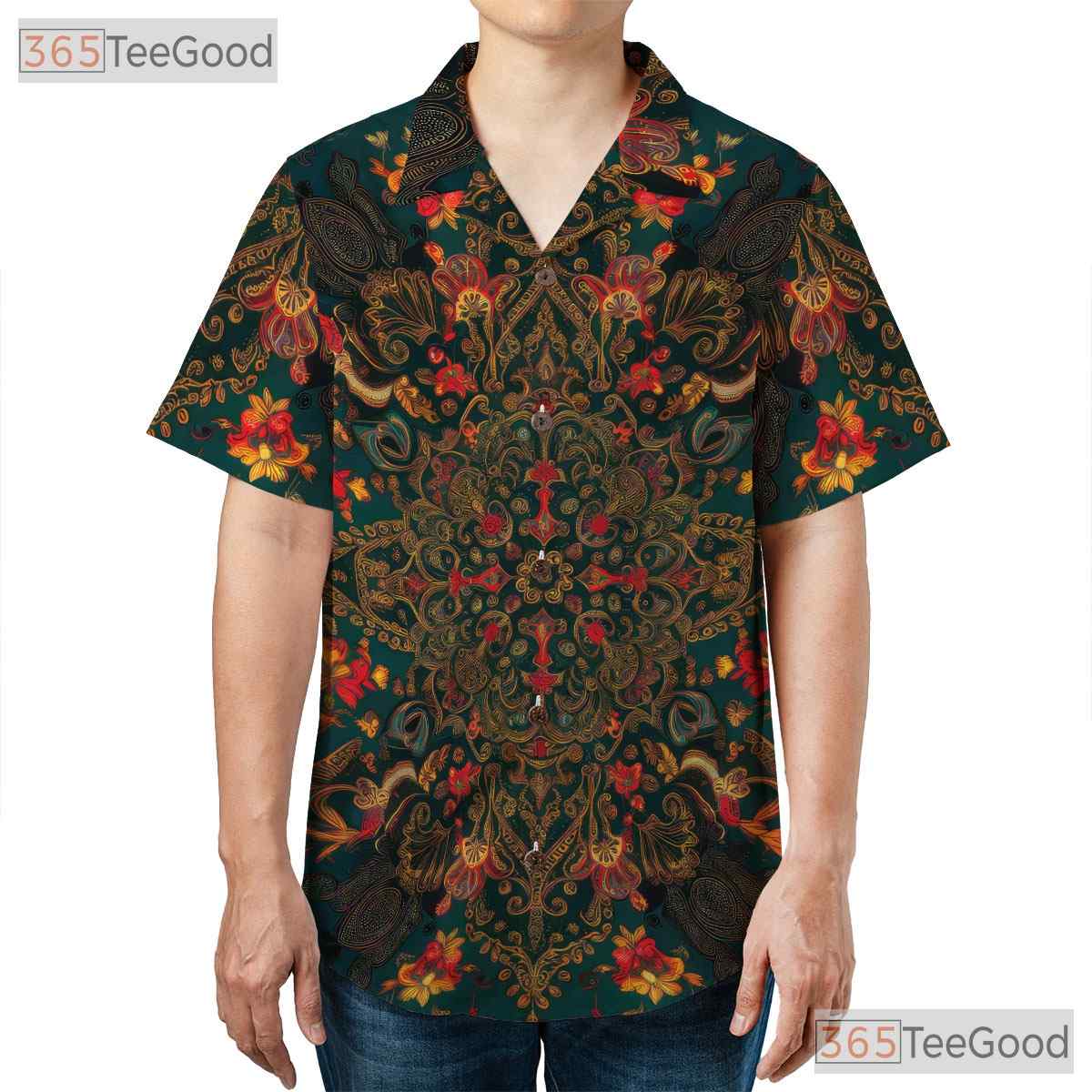Retro Teal Floral Boho Ornate Print Aloha Hawaiian Shirt Men Women Summer Top