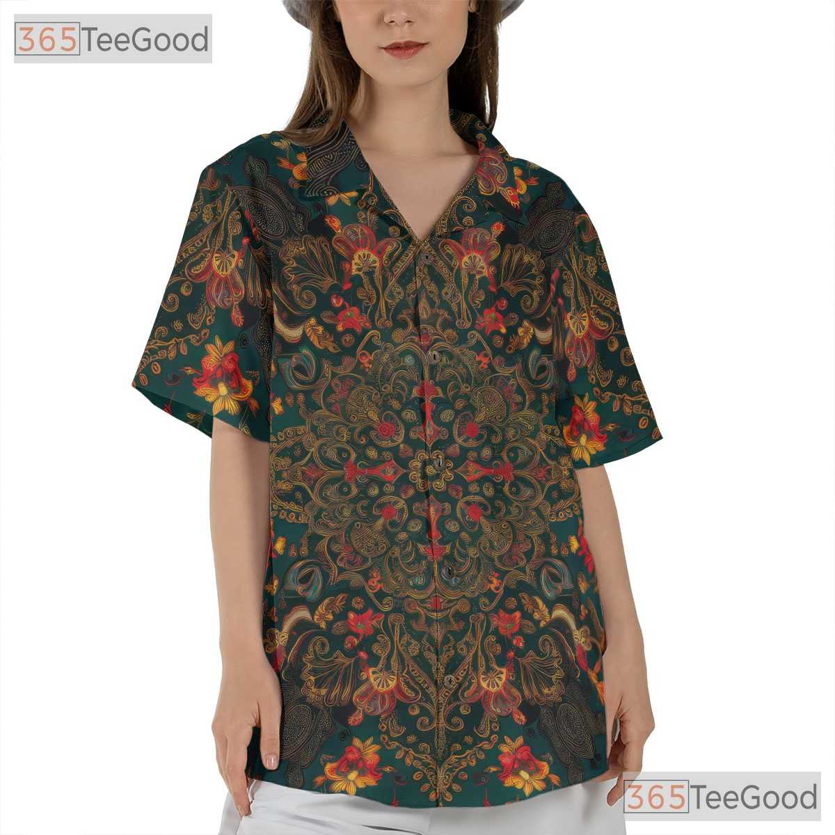Retro Teal Floral Boho Ornate Print Aloha Hawaiian Shirt Men Women Summer Top