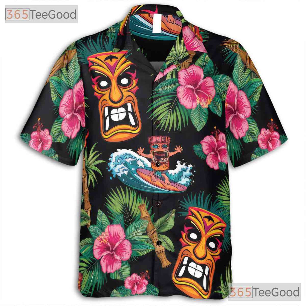 Retro Tiki Tribal Mask Fire Torch Hawaiian Shirt Unisex Aloha Party Style