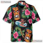 Retro Tiki Tribal Mask Fire Torch Hawaiian Shirt Unisex Aloha Party Style