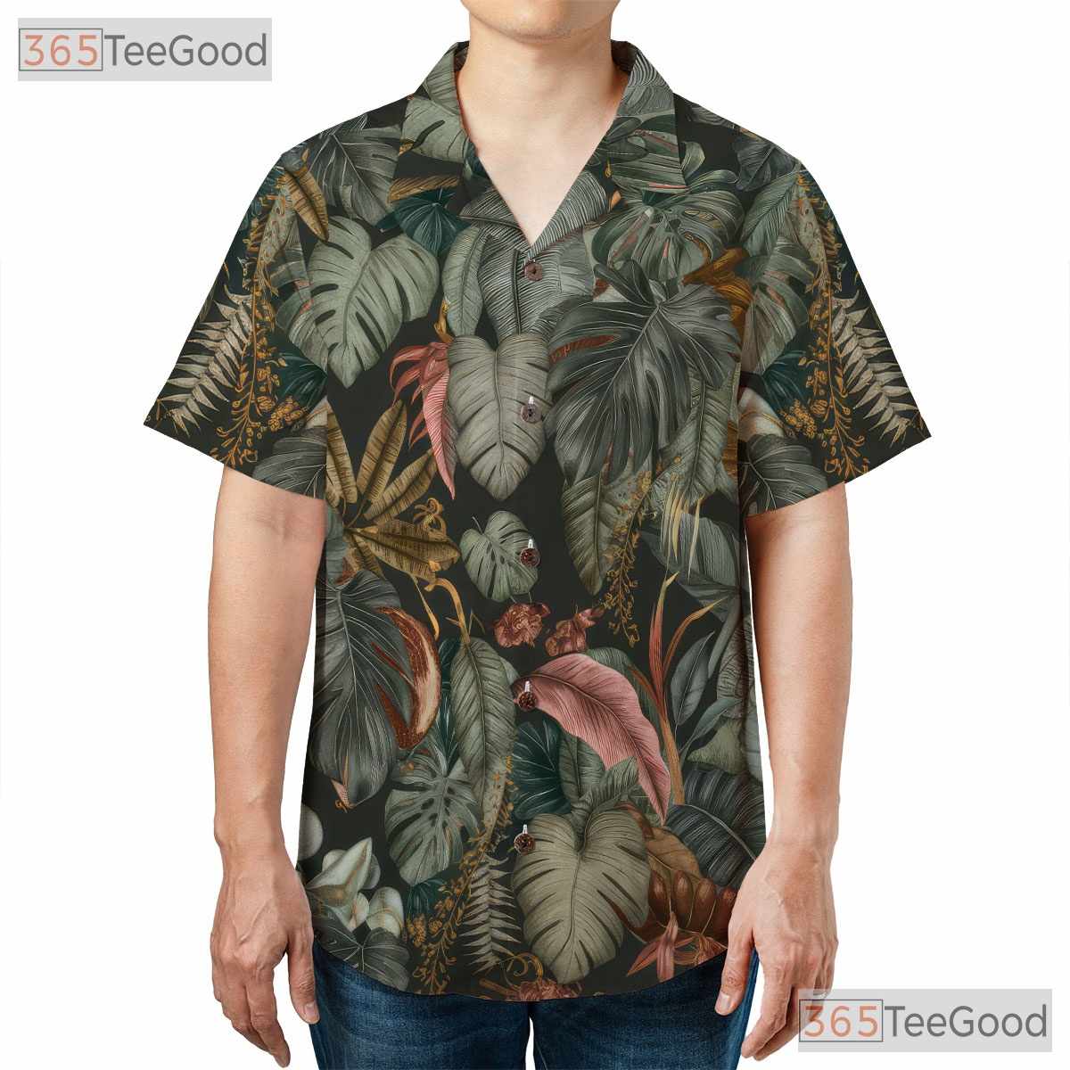 Retro Tropical Botanical Palm Hawaiian Tee Men Women Beach Aloha Shirt