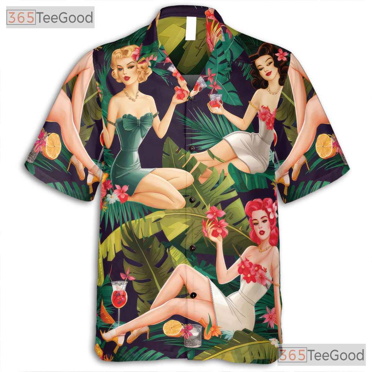 Retro Tropical Tiki Pin Up Girl Aloha Hawaiian Tee Men Women Summer Beachwear