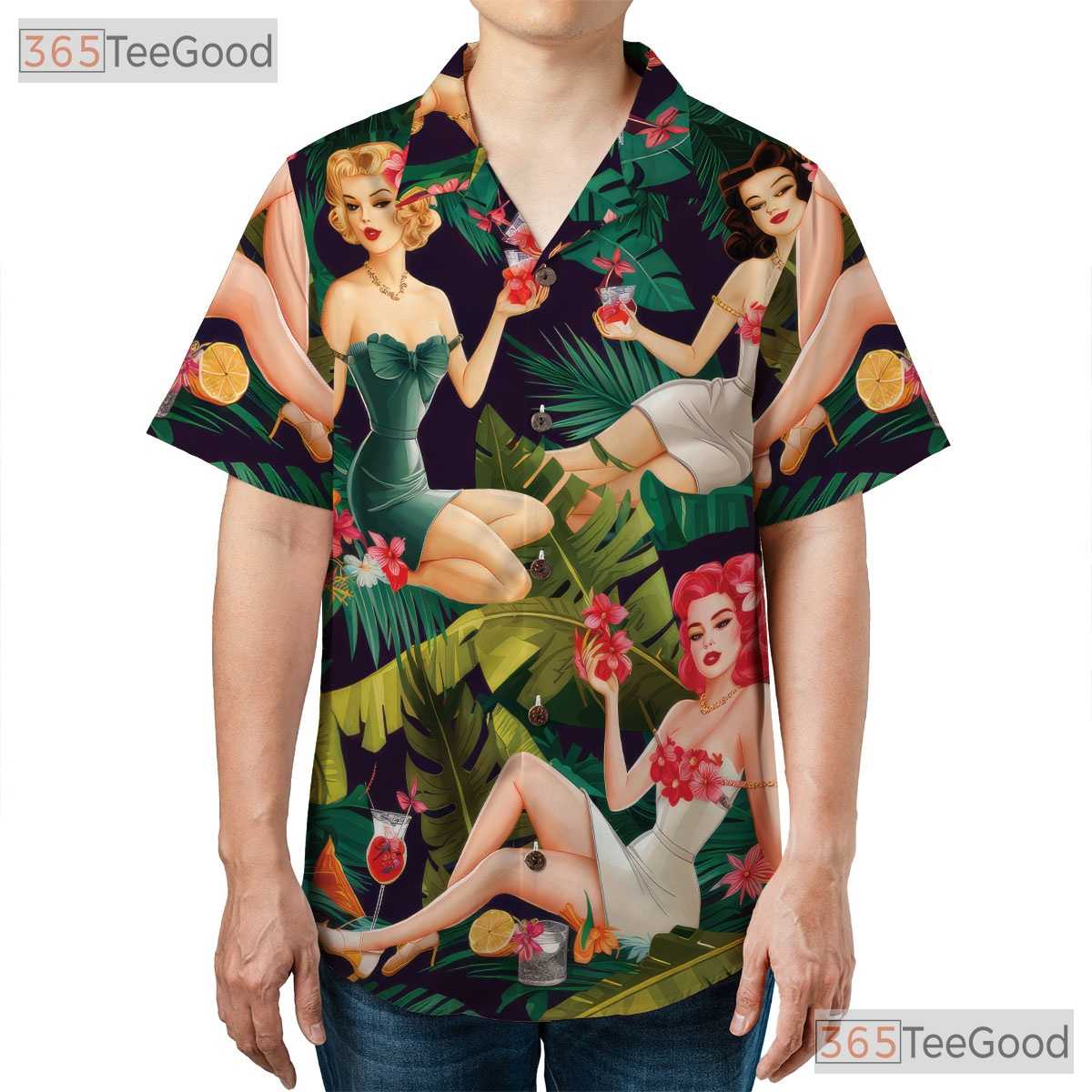 Retro Tropical Tiki Pin Up Girl Aloha Hawaiian Tee Men Women Summer Beachwear
