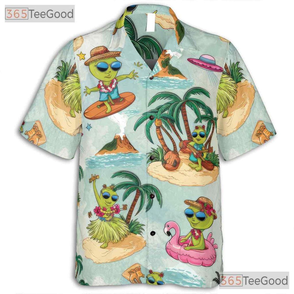 Retro UFO Alien Surfer Hawaiian Tee - Adult Sci-Fi Beach Hula Vacation Tee