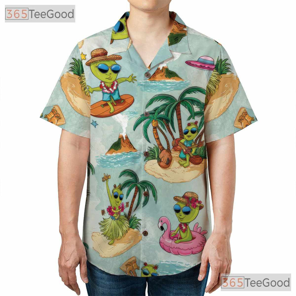 Retro UFO Alien Surfer Hawaiian Tee - Adult Sci-Fi Beach Hula Vacation Tee