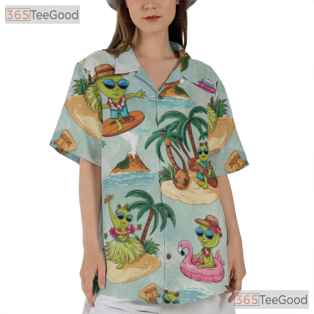 Retro UFO Alien Surfer Hawaiian Tee - Adult Sci-Fi Beach Hula Vacation Tee