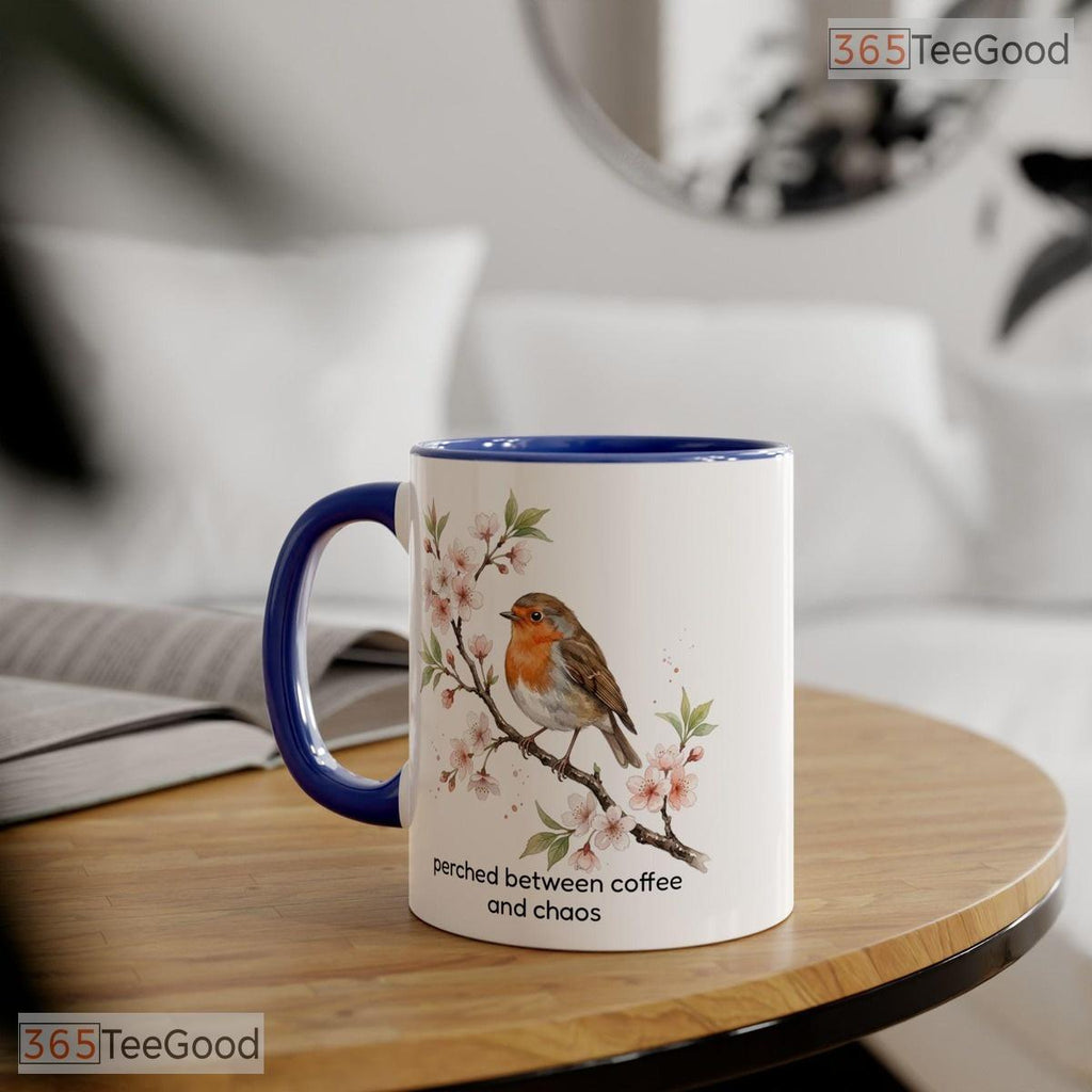 Bird On Cherry Blossom Perched Between Coffee And Chaos Sassy Quote Ceramic Accent Mug