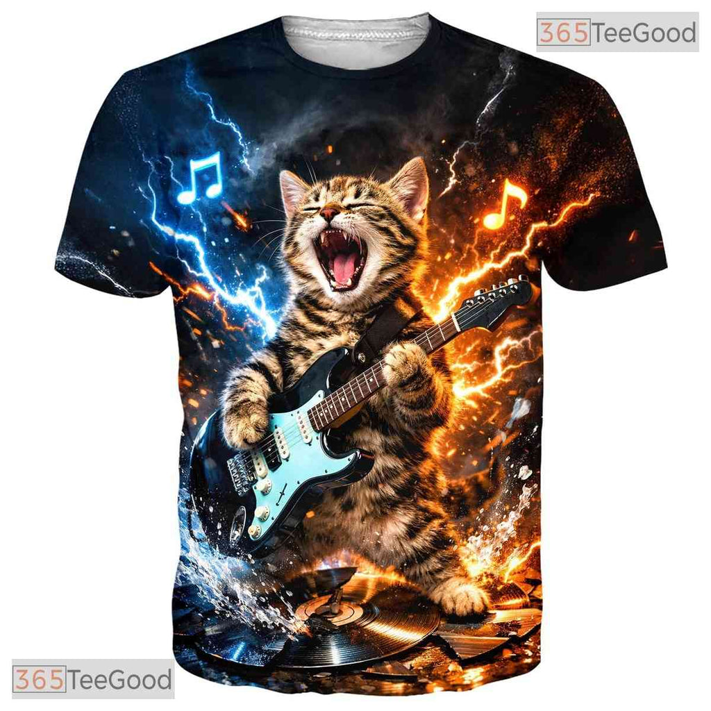 Funny Rock And Roll Cat Music Graphic Art 3D Printed Casual Unisex Tee Shirts
