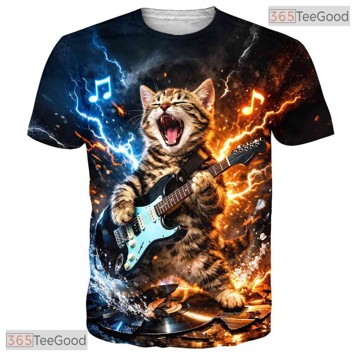 Funny Rock And Roll Cat Music Graphic Art 3D Printed Casual Unisex Tee Shirts
