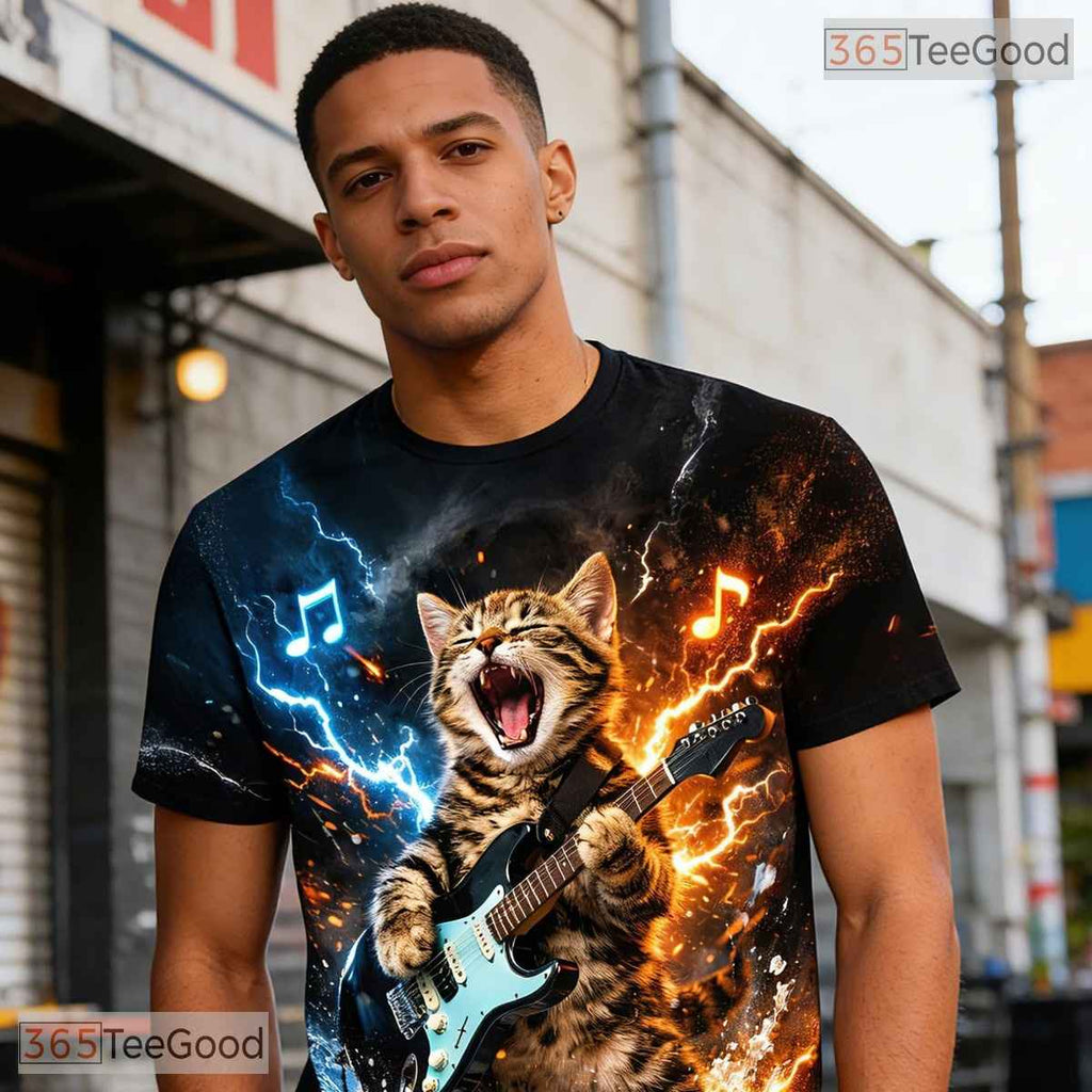 Funny Rock And Roll Cat Music Graphic Art 3D Printed Casual Unisex Tee Shirts