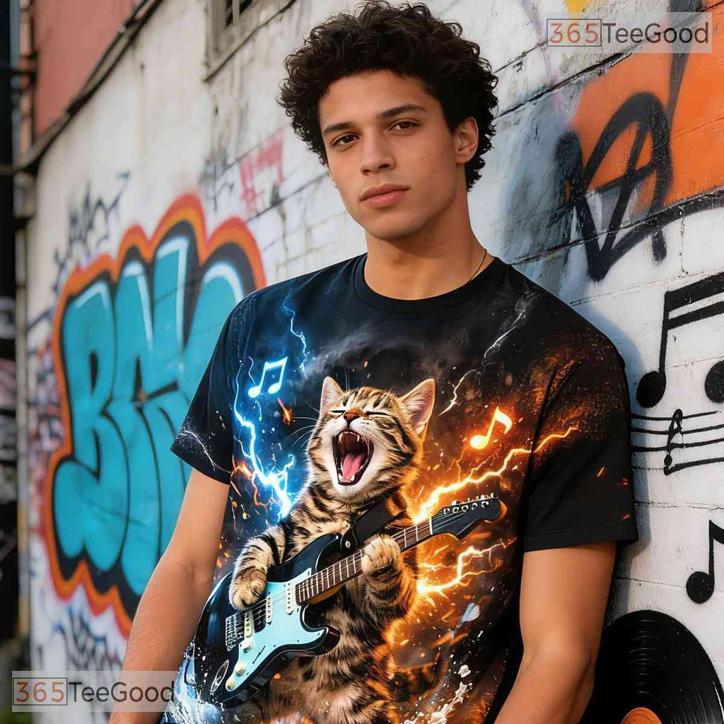 Funny Rock And Roll Cat Music Graphic Art 3D Printed Casual Unisex Tee Shirts