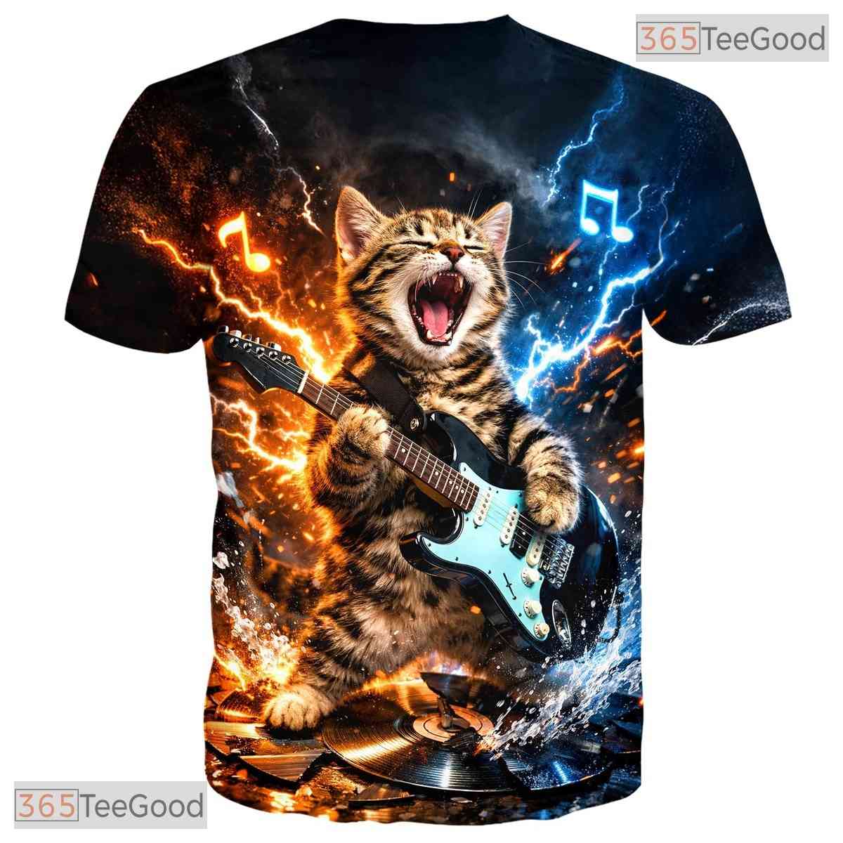 Funny Rock And Roll Cat Music Graphic Art 3D Printed Casual Unisex Tee Shirts