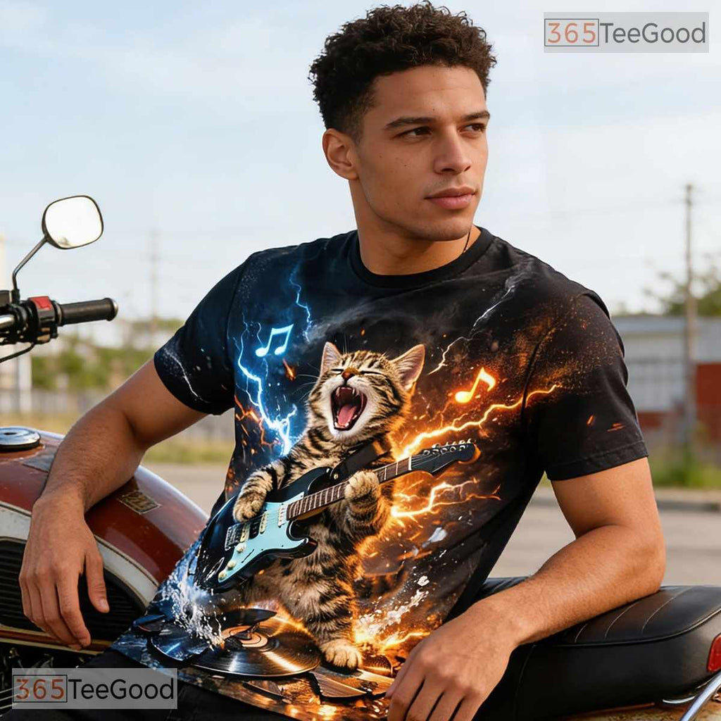 Funny Rock And Roll Cat Music Graphic Art 3D Printed Casual Unisex Tee Shirts