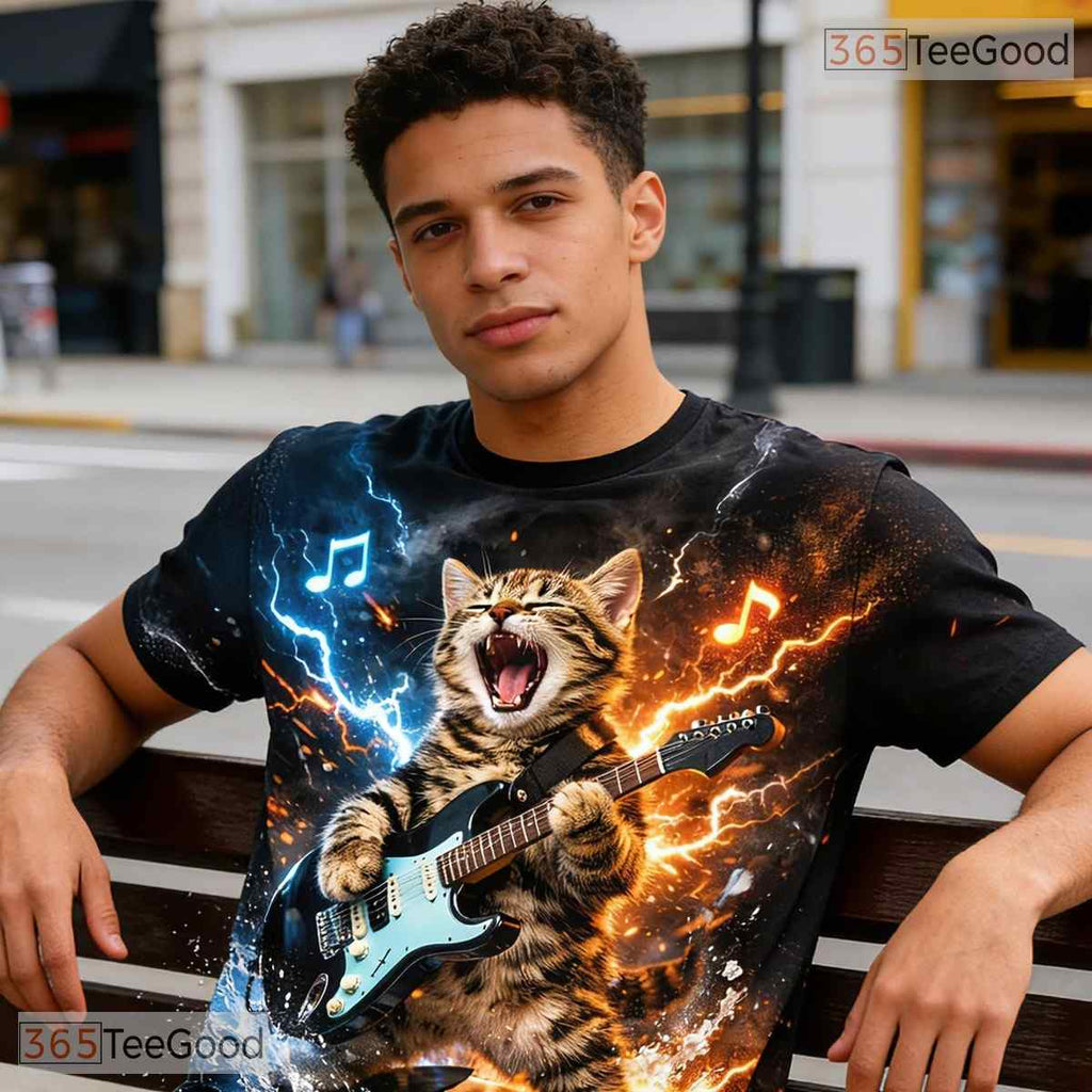 Funny Rock And Roll Cat Music Graphic Art 3D Printed Casual Unisex Tee Shirts
