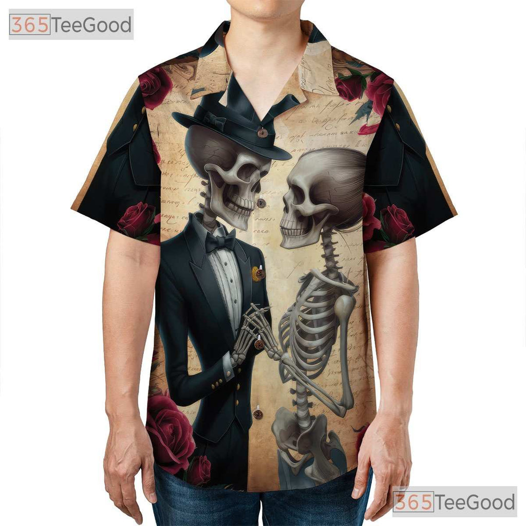 Romantic Skeleton Couple Hawaiian Shirt - Unisex Gothic Skull Aesthetic Tee