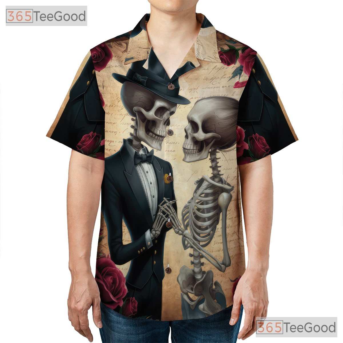 Romantic Skeleton Couple Hawaiian Shirt - Unisex Gothic Skull Aesthetic Tee