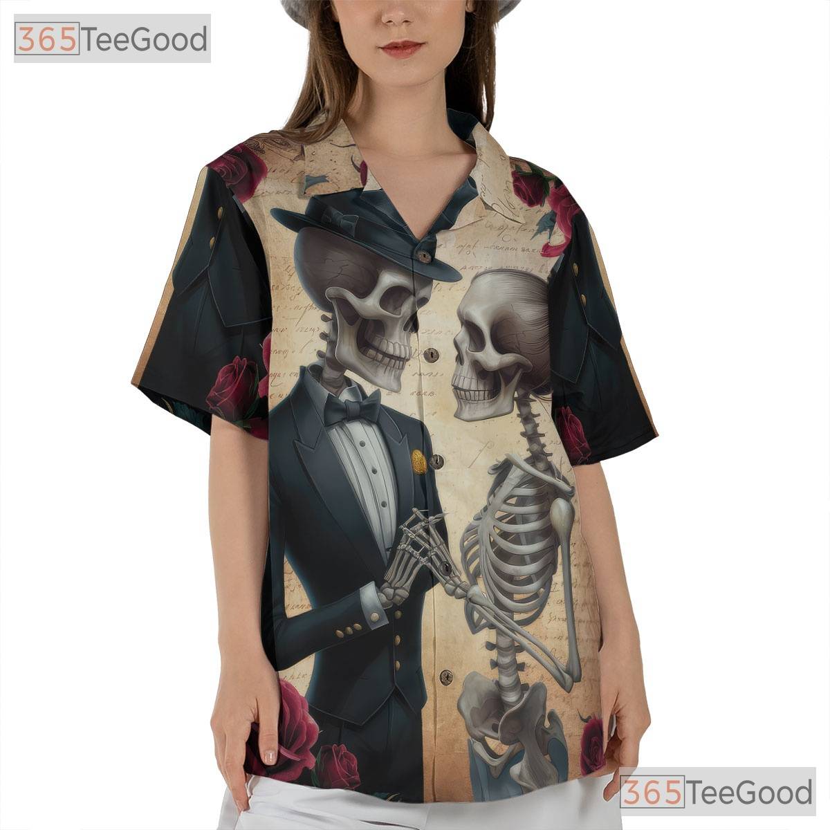 Romantic Skeleton Couple Hawaiian Shirt - Unisex Gothic Skull Aesthetic Tee