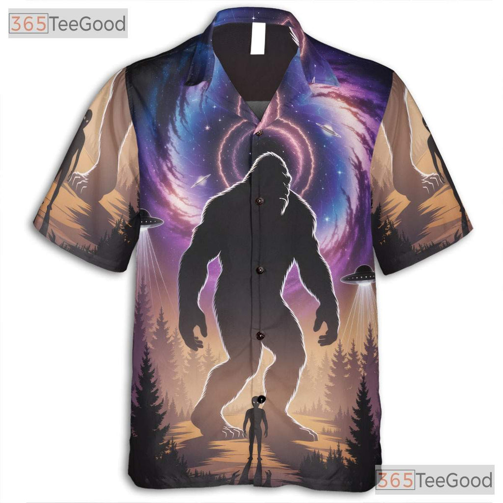 Sasquatch Alien UFO Hawaiian Shirt- Unisex Sci-Fi Galaxy Print Summer Top