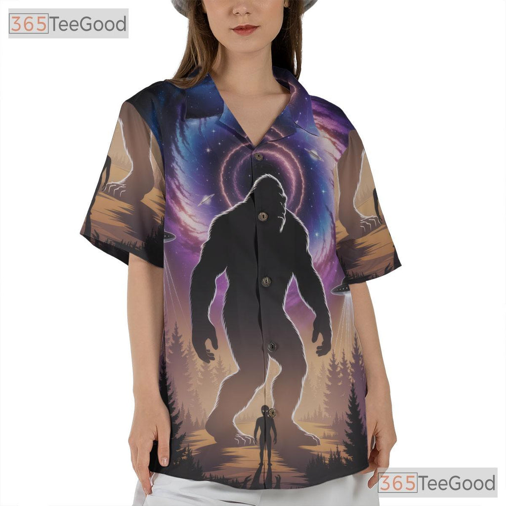 Sasquatch Alien UFO Hawaiian Shirt- Unisex Sci-Fi Galaxy Print Summer Top