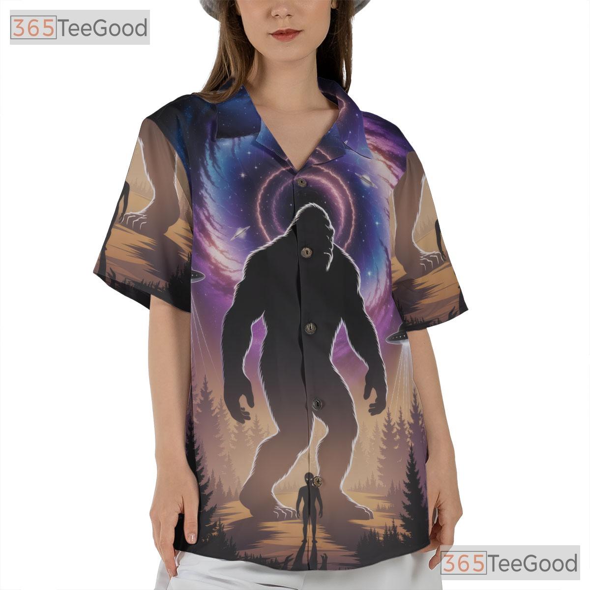 Sasquatch Alien UFO Hawaiian Shirt- Unisex Sci-Fi Galaxy Print Summer Top