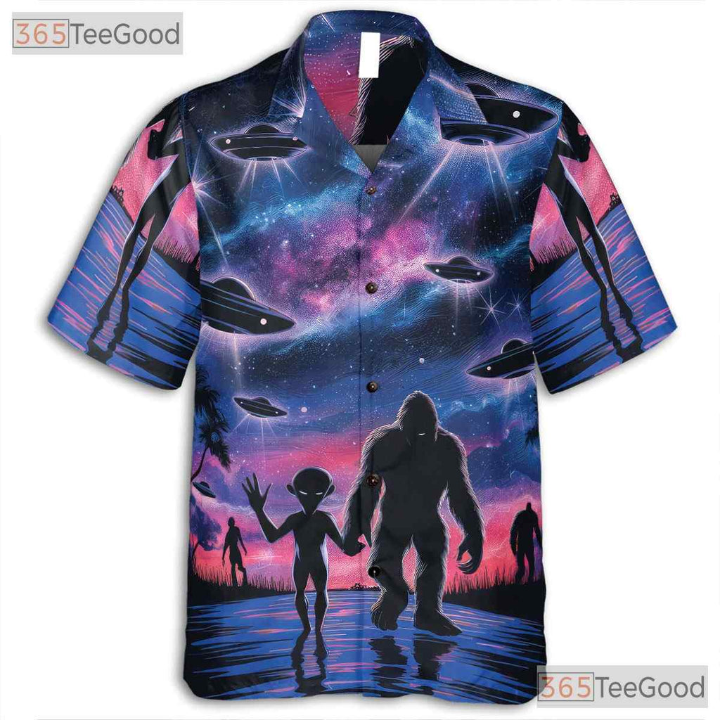 Sasquatch Alien UFO Hawaiian Tee - Adult Retro Galaxy Cryptid Sci-Fi Shirt