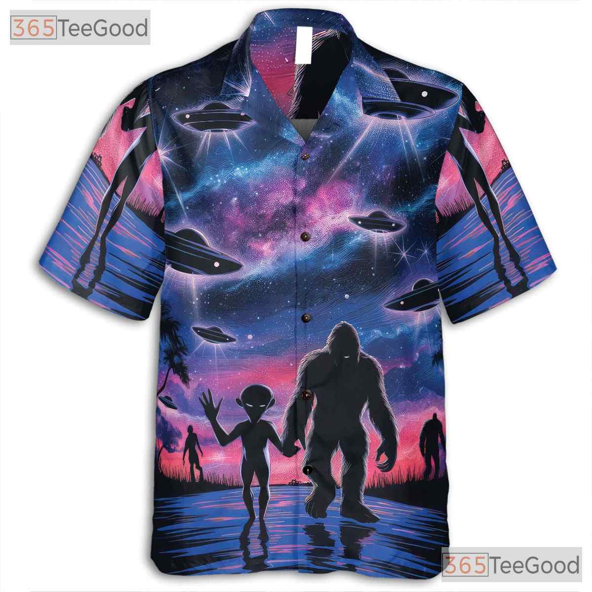 Sasquatch Alien UFO Hawaiian Tee - Adult Retro Galaxy Cryptid Sci-Fi Shirt