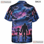 Sasquatch Alien UFO Hawaiian Tee - Adult Retro Galaxy Cryptid Sci-Fi Shirt