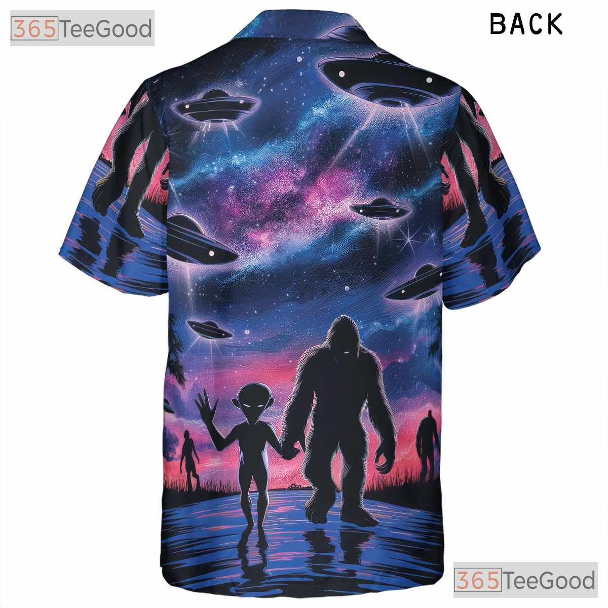 Sasquatch Alien UFO Hawaiian Tee - Adult Retro Galaxy Cryptid Sci-Fi Shirt