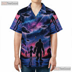 Sasquatch Alien UFO Hawaiian Tee - Adult Retro Galaxy Cryptid Sci-Fi Shirt