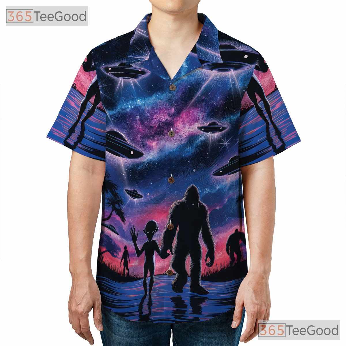Sasquatch Alien UFO Hawaiian Tee - Adult Retro Galaxy Cryptid Sci-Fi Shirt