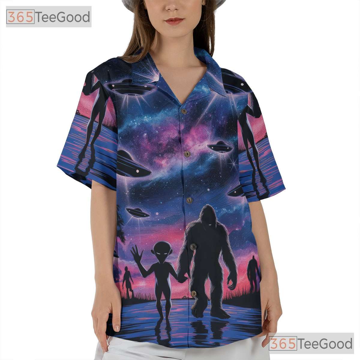 Sasquatch Alien UFO Hawaiian Tee - Adult Retro Galaxy Cryptid Sci-Fi Shirt