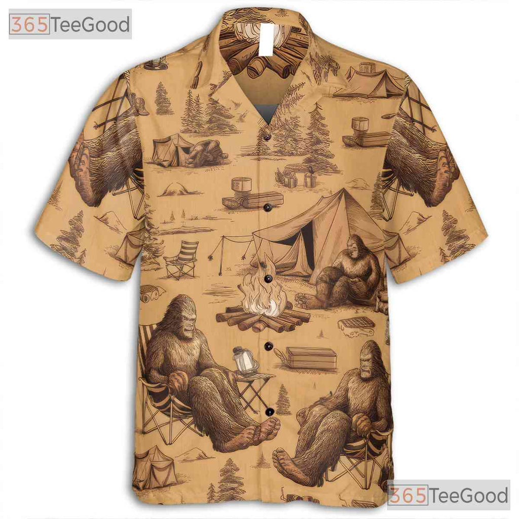 Sasquatch Bigfoot Camping Tropical Forest Campfire Aloha Hawaiian Tee Unisex