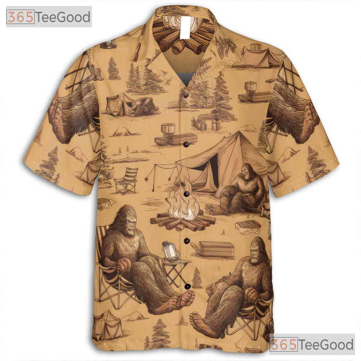Sasquatch Bigfoot Camping Tropical Forest Campfire Aloha Hawaiian Tee Unisex