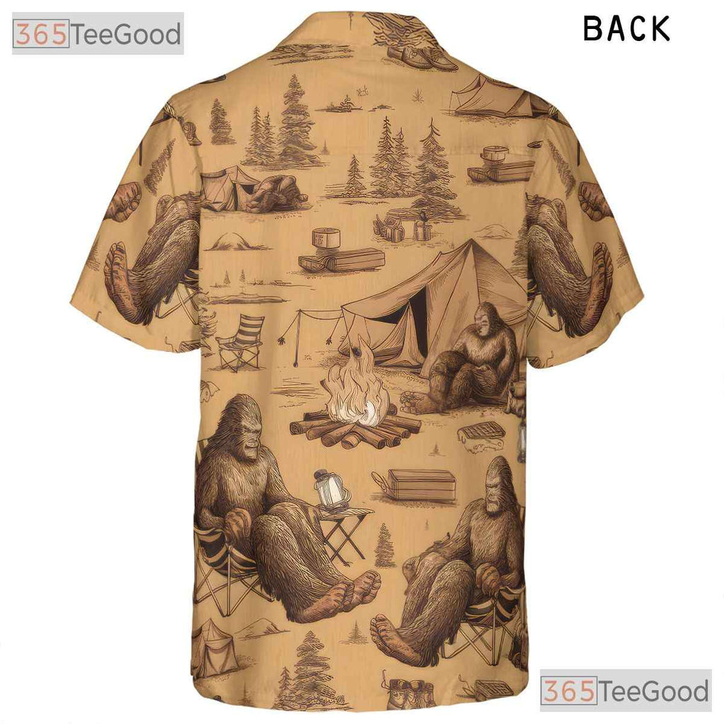 Sasquatch Bigfoot Camping Tropical Forest Campfire Aloha Hawaiian Tee Unisex