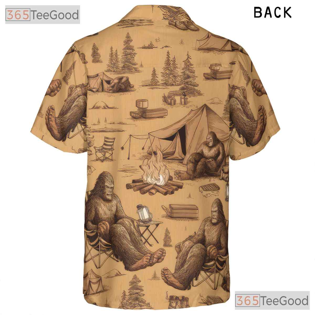 Sasquatch Bigfoot Camping Tropical Forest Campfire Aloha Hawaiian Tee Unisex