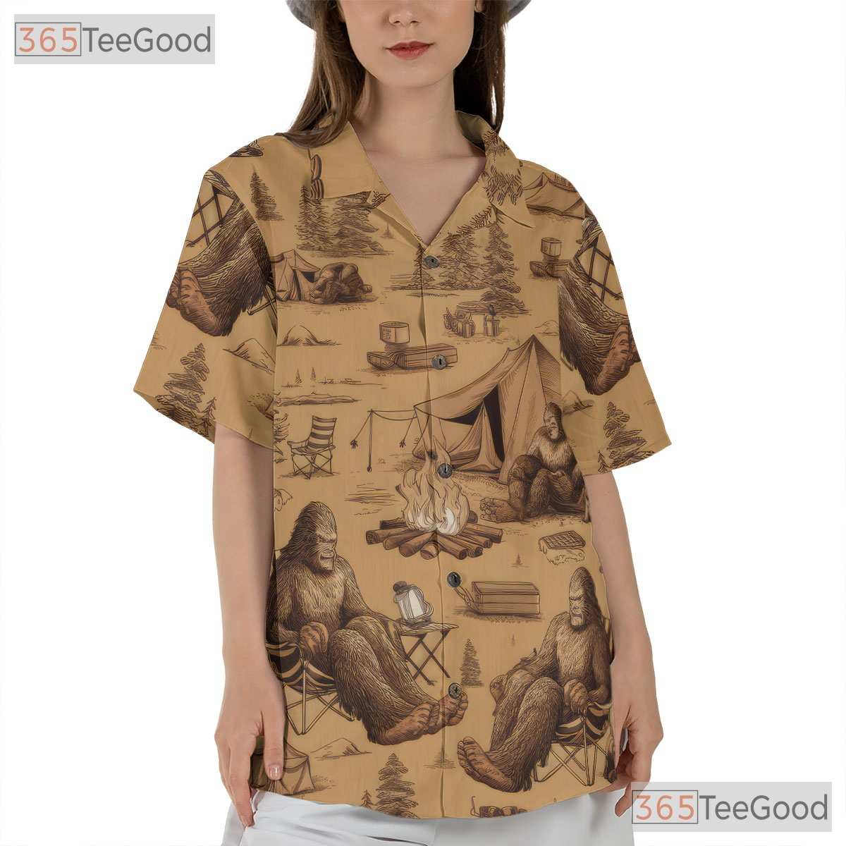 Sasquatch Bigfoot Camping Tropical Forest Campfire Aloha Hawaiian Tee Unisex