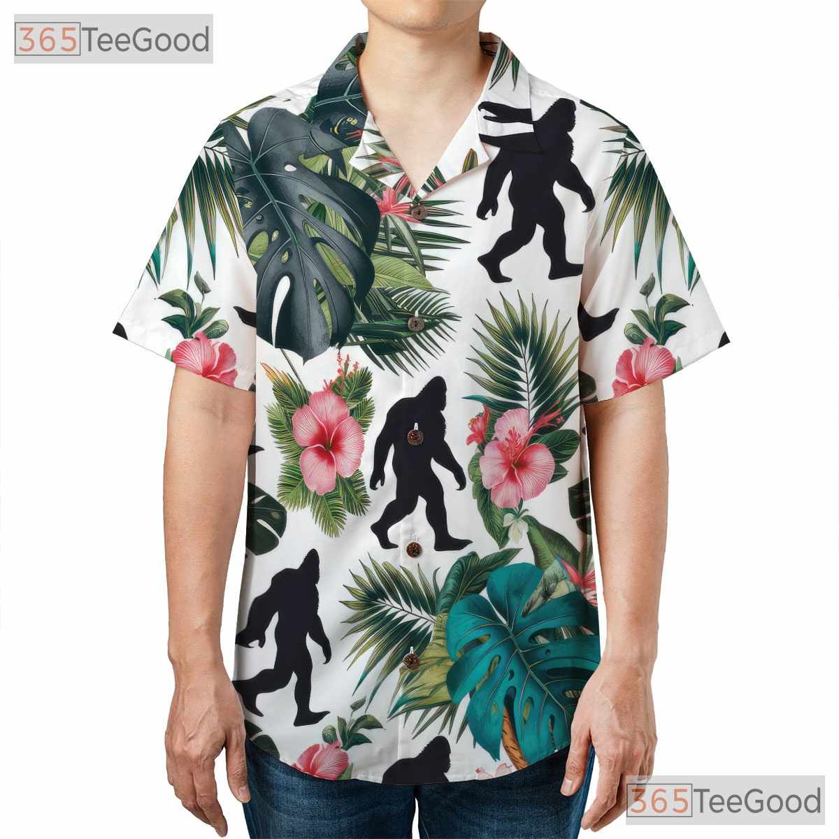 Sasquatch Jungle Floral Hawaiian Tee - Adult Seamless Print Aloha Shirt