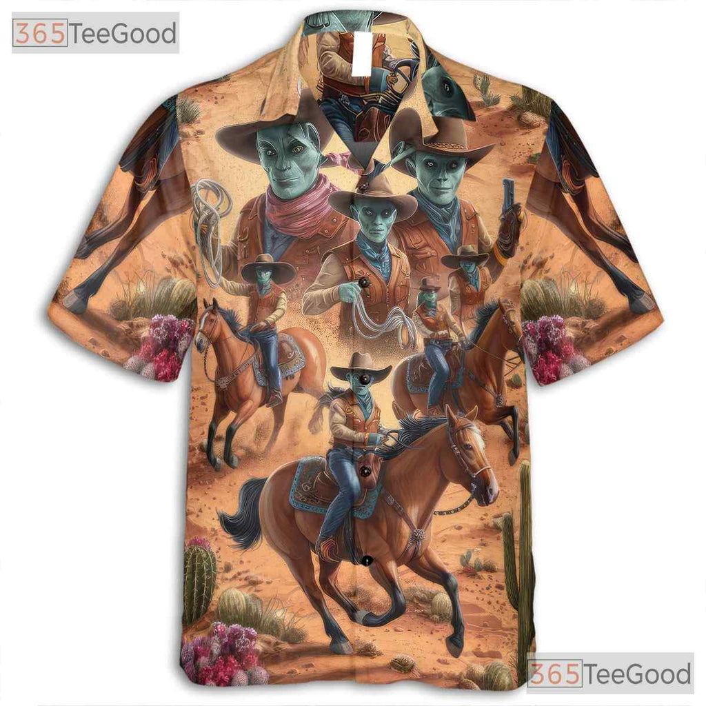 Sci-Fi Alien Cowboy Hawaiian Shirt for Men - Western Desert Party Outfit